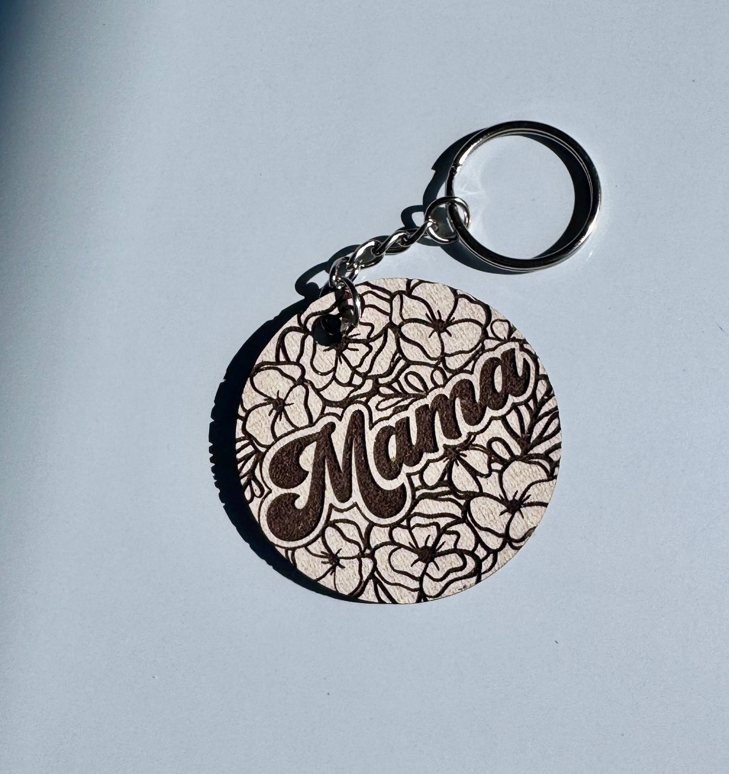 Floral Laser Engraved Keychain – Wood Mama or Grandma Charm