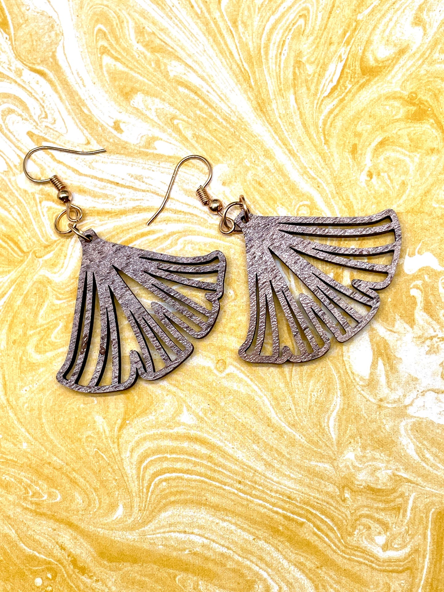 Elegant Fan Design Walnut Wood Earrings with Laser Cut and Engraved Detail