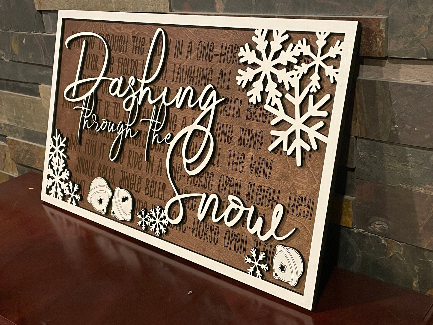 Handcrafted Jingle Bells Lyric Christmas Wall Art – 20x12 Stained Wooden Sign