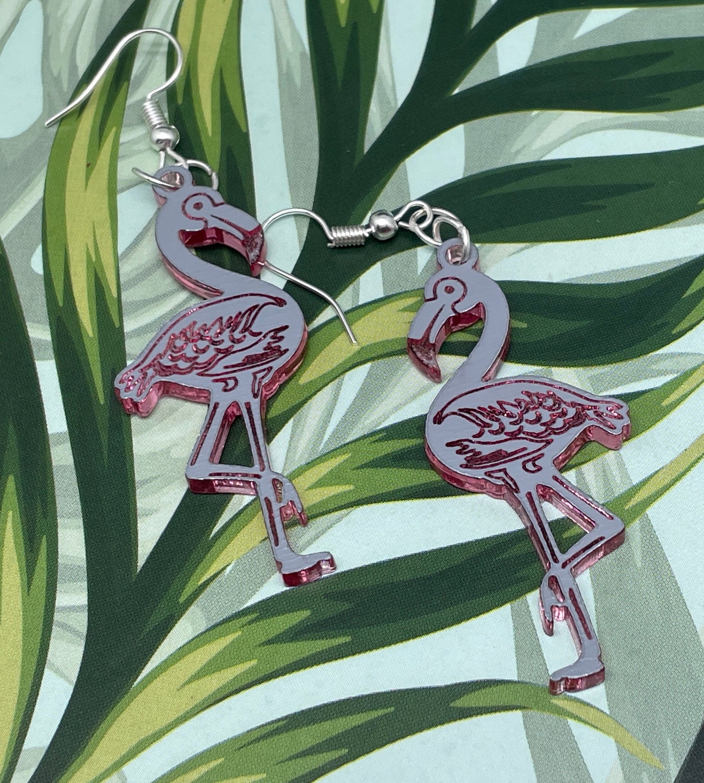 Mirrored Pink Acrylic Flamingo Earrings, Whimsical Earrings