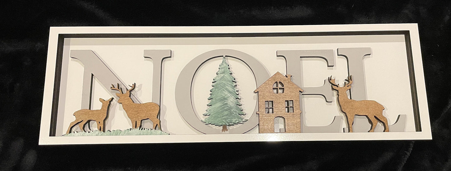 Elegant Noel Sign – Handcrafted 4-Layer Christmas Decor in White, Gray, and Stained Wood – 19x6 inches