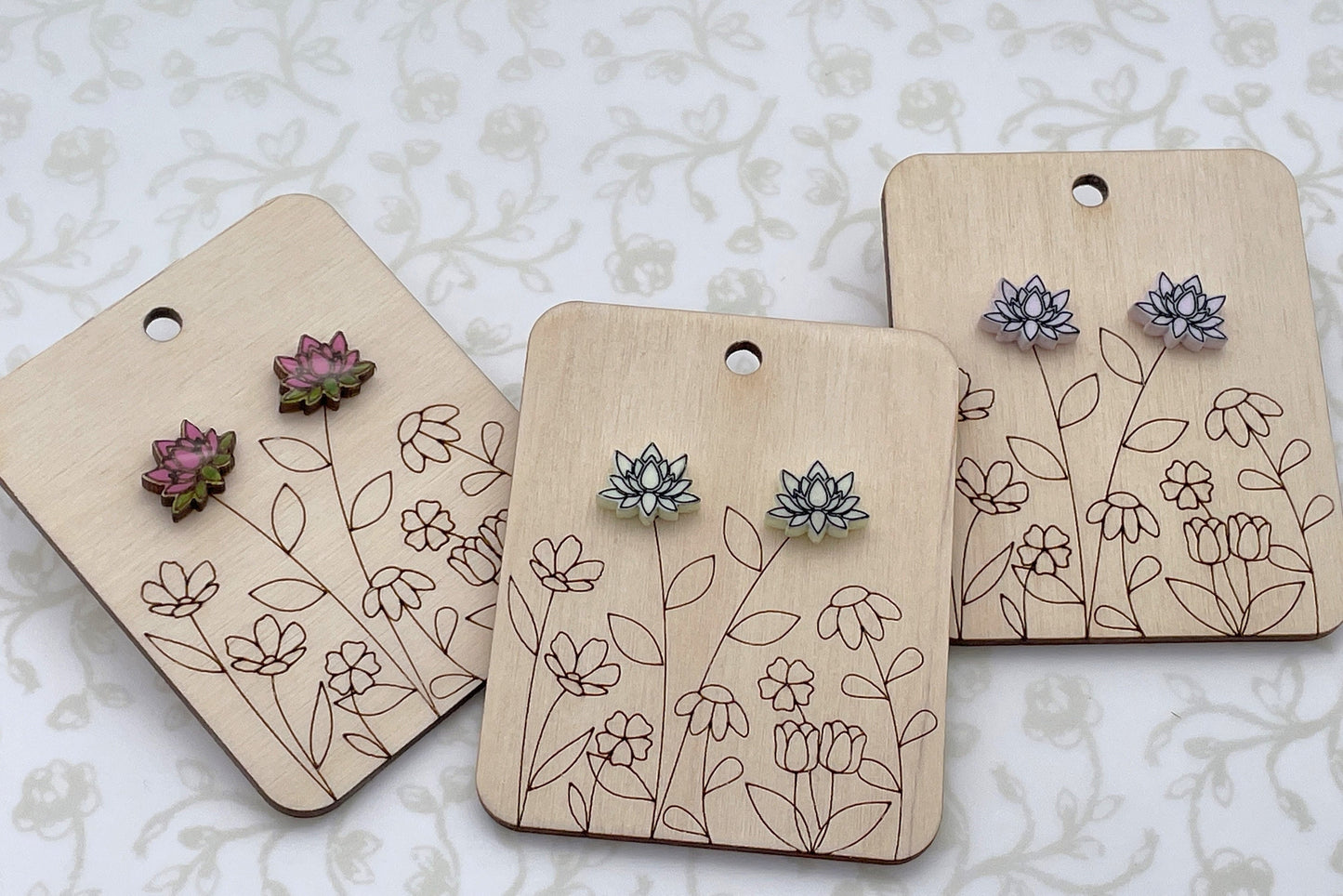 Laser Cut Lotus Flower Wood/Acrylic Stud Earrings