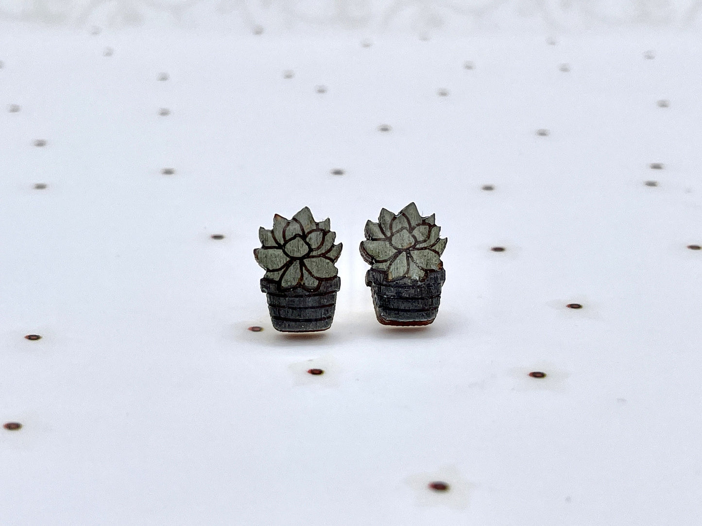 Laser Cut Hand-painted Wood Succulent Stud Earrings