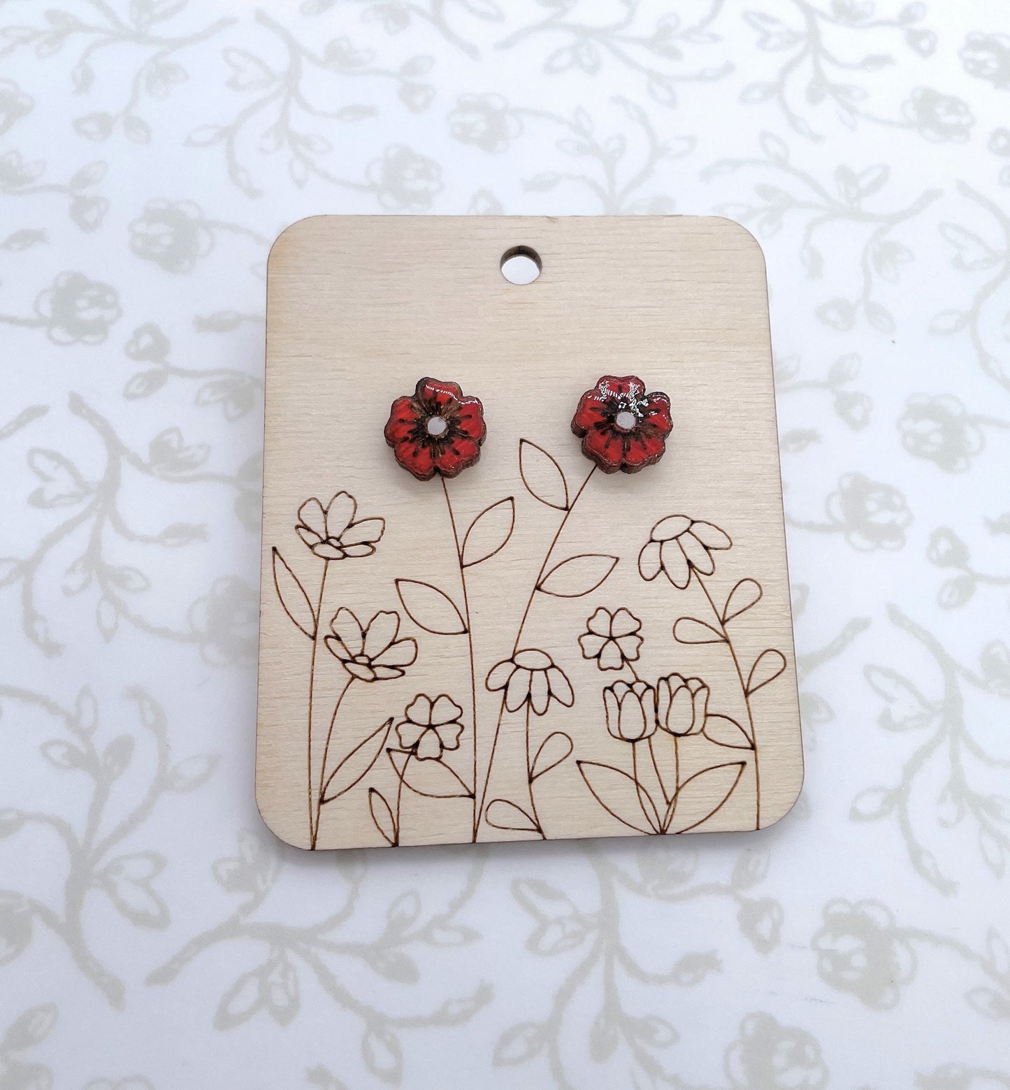 Laser Cut Dianthus Flower Wood/Acrylic Stud Earrings with Resin Coating