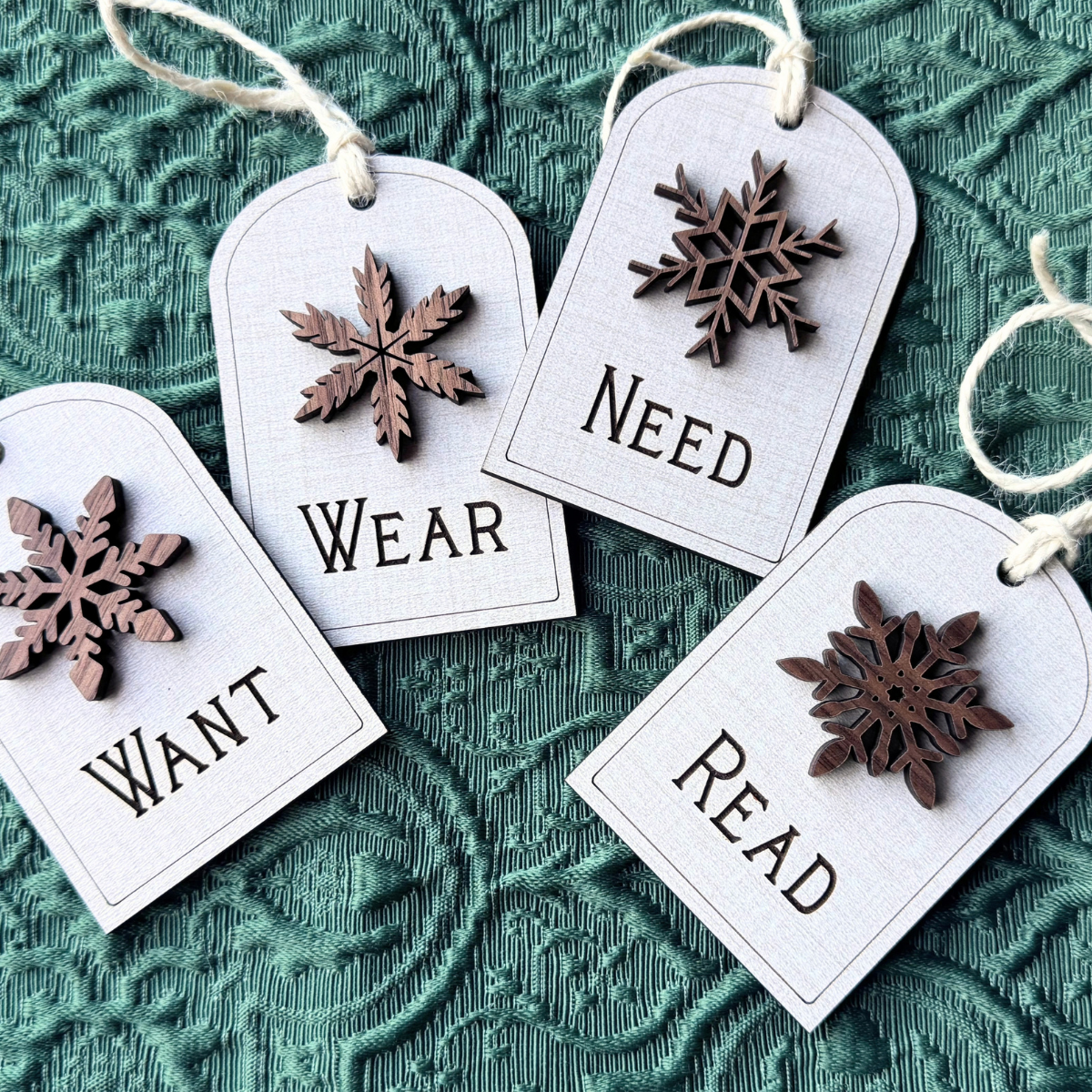 Want, Need, Wear, Read Wooden Gift Tags – Walnut Snowflake Set of 4
