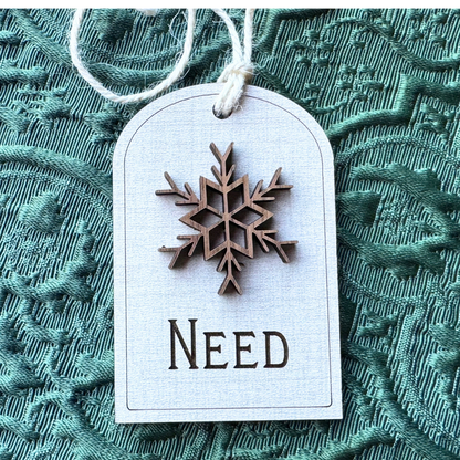 Want, Need, Wear, Read Wooden Gift Tags – Walnut Snowflake Set of 4