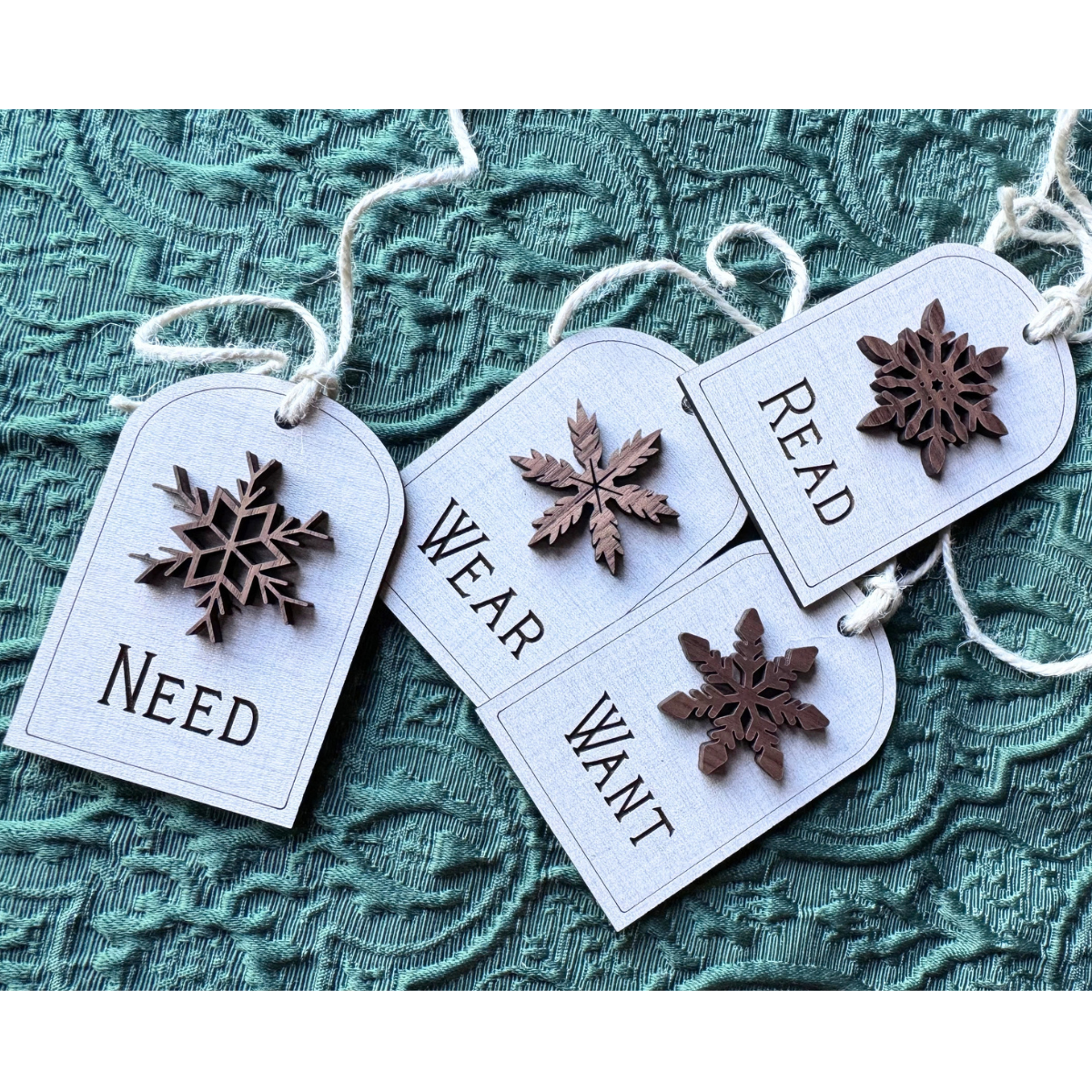 Want, Need, Wear, Read Wooden Gift Tags – Walnut Snowflake Set of 4