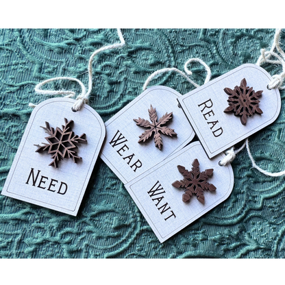 Want, Need, Wear, Read Wooden Gift Tags – Walnut Snowflake Set of 4