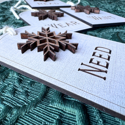 Want, Need, Wear, Read Wooden Gift Tags – Walnut Snowflake Set of 4