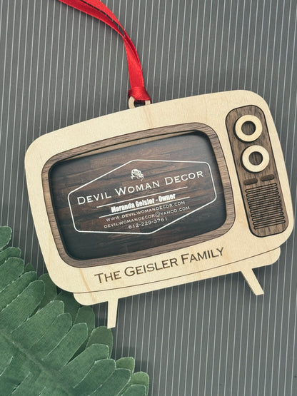 Retro TV Gift Card Holder & Photo Frame – 3-in-1 Wooden Ornament with Ribbon – 4.8x4.2 inches