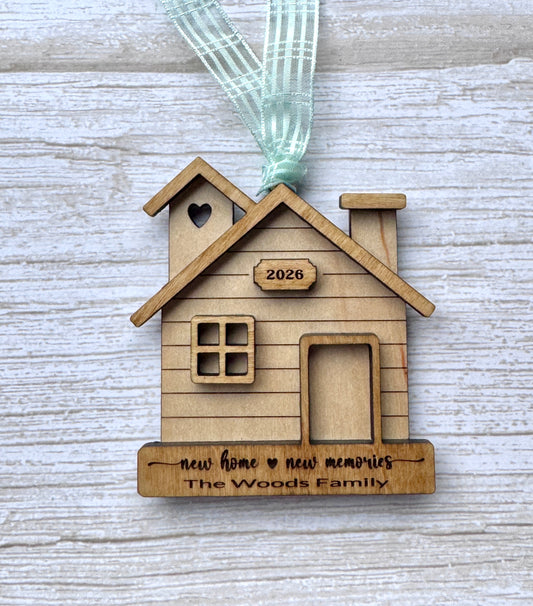 Personalized New Home Ornament | Custom House Portrait with Name & Year | Wood Housewarming Keepsake