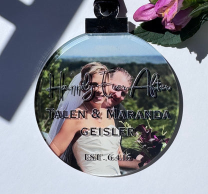 Personalized Wedding Photo Ornament | Custom Happily Ever After Acrylic Ornament with Names & Date
