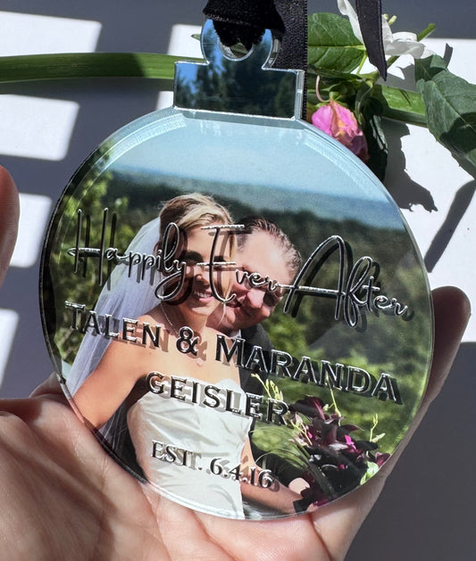 Personalized Wedding Photo Ornament | Custom Happily Ever After Acrylic Ornament with Names & Date
