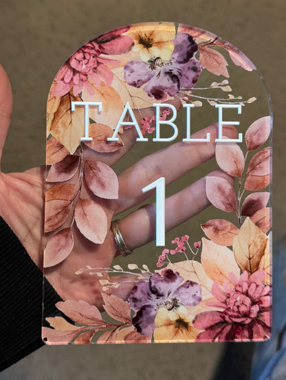 Custom Acrylic Wedding Table Numbers, Arch Table Number Sign with Stand, Floral Clear Acrylic Table Sign, Personalized Reception Decor