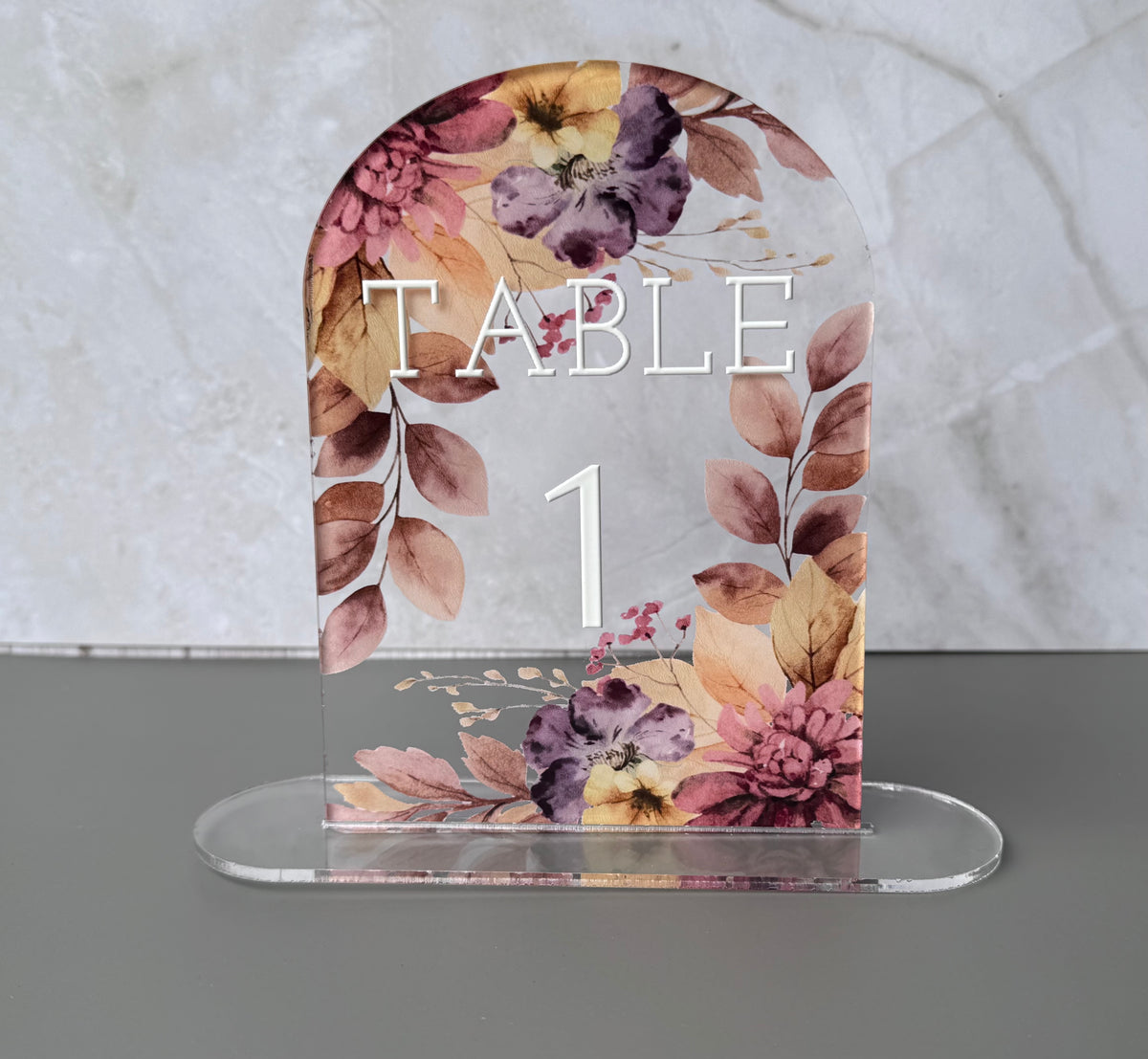 Custom Acrylic Wedding Table Numbers, Arch Table Number Sign with Stand, Floral Clear Acrylic Table Sign, Personalized Reception Decor