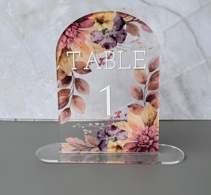 Custom Acrylic Wedding Table Numbers, Arch Table Number Sign with Stand, Floral Clear Acrylic Table Sign, Personalized Reception Decor