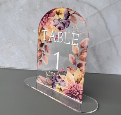 Custom Acrylic Wedding Table Numbers, Arch Table Number Sign with Stand, Floral Clear Acrylic Table Sign, Personalized Reception Decor