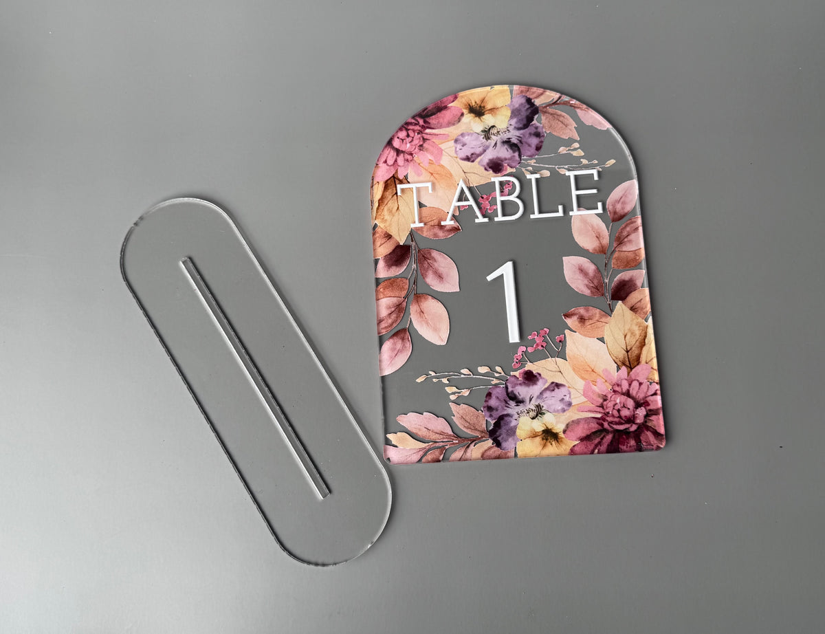 Custom Acrylic Wedding Table Numbers, Arch Table Number Sign with Stand, Floral Clear Acrylic Table Sign, Personalized Reception Decor