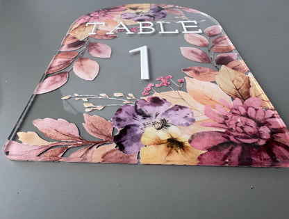 Custom Acrylic Wedding Table Numbers, Arch Table Number Sign with Stand, Floral Clear Acrylic Table Sign, Personalized Reception Decor