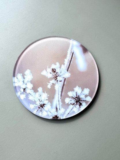 Winter Acrylic Coaster Set of 4, Frosted Pine & Berry Coasters with Cork Back, Custom Photo Coasters, Christmas Hostess Gift