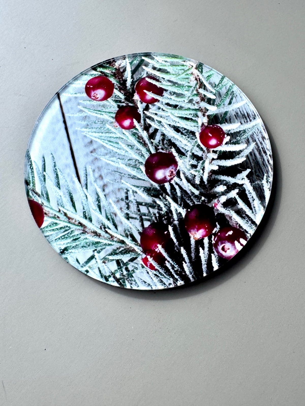 Winter Acrylic Coaster Set of 4, Frosted Pine & Berry Coasters with Cork Back, Custom Photo Coasters, Christmas Hostess Gift