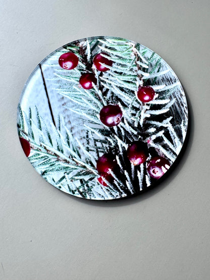 Winter Acrylic Coaster Set of 4, Frosted Pine & Berry Coasters with Cork Back, Custom Photo Coasters, Christmas Hostess Gift