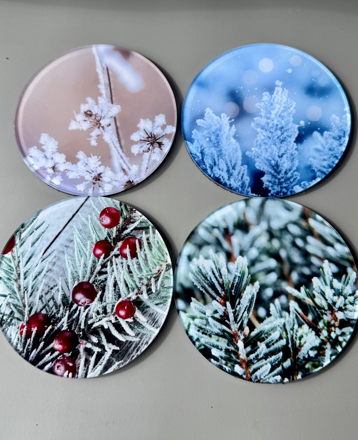 Winter Acrylic Coaster Set of 4, Frosted Pine & Berry Coasters with Cork Back, Custom Photo Coasters, Christmas Hostess Gift