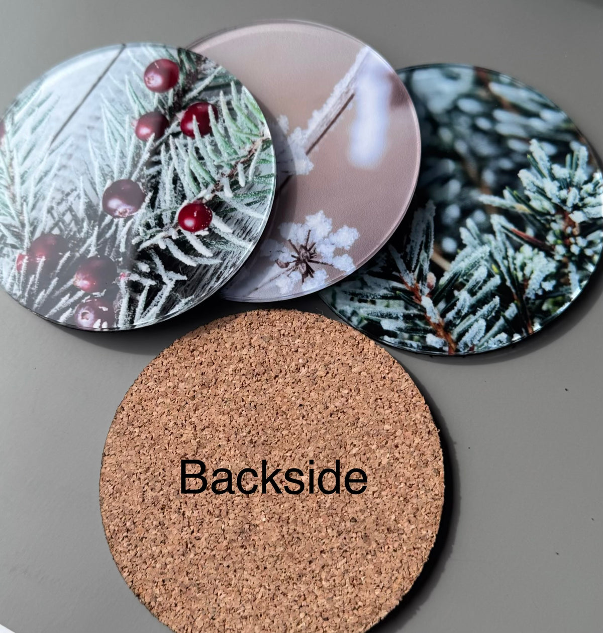 Winter Acrylic Coaster Set of 4, Frosted Pine & Berry Coasters with Cork Back, Custom Photo Coasters, Christmas Hostess Gift