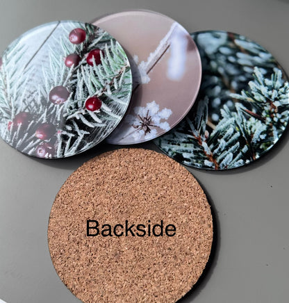 Winter Acrylic Coaster Set of 4, Frosted Pine & Berry Coasters with Cork Back, Custom Photo Coasters, Christmas Hostess Gift
