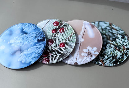 Winter Acrylic Coaster Set of 4, Frosted Pine & Berry Coasters with Cork Back, Custom Photo Coasters, Christmas Hostess Gift