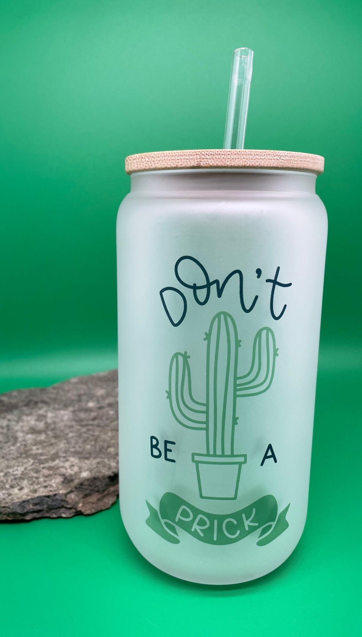16 oz Frosted Glass Can Tumbler with Bamboo Lid & Straw