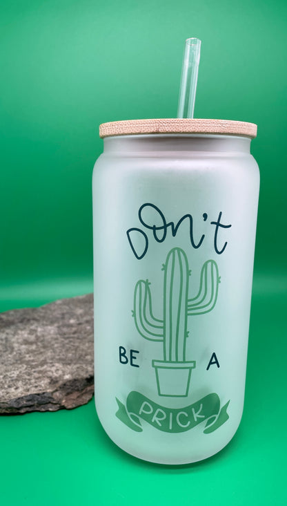 16 oz Frosted Glass Can Tumbler with Bamboo Lid & Straw
