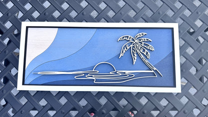 Ocean Wall Art – Layered Blue Wood Palm Tree Beach Decor – 18.5x8 Coastal Sunset Artwork – Tropical Home or Beach House Gift