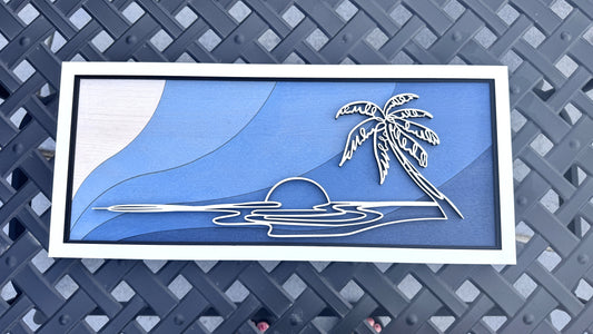 Ocean Wall Art – Layered Blue Wood Palm Tree Beach Decor – 18.5x8 Coastal Sunset Artwork – Tropical Home or Beach House Gift