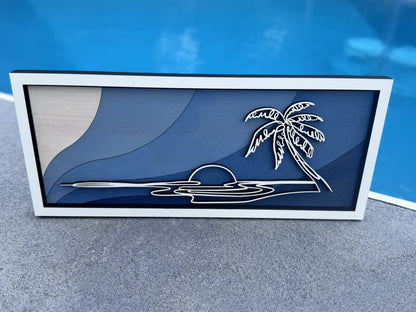 Ocean Wall Art – Layered Blue Wood Palm Tree Beach Decor – 18.5x8 Coastal Sunset Artwork – Tropical Home or Beach House Gift