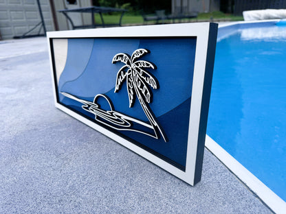 Ocean Wall Art – Layered Blue Wood Palm Tree Beach Decor – 18.5x8 Coastal Sunset Artwork – Tropical Home or Beach House Gift
