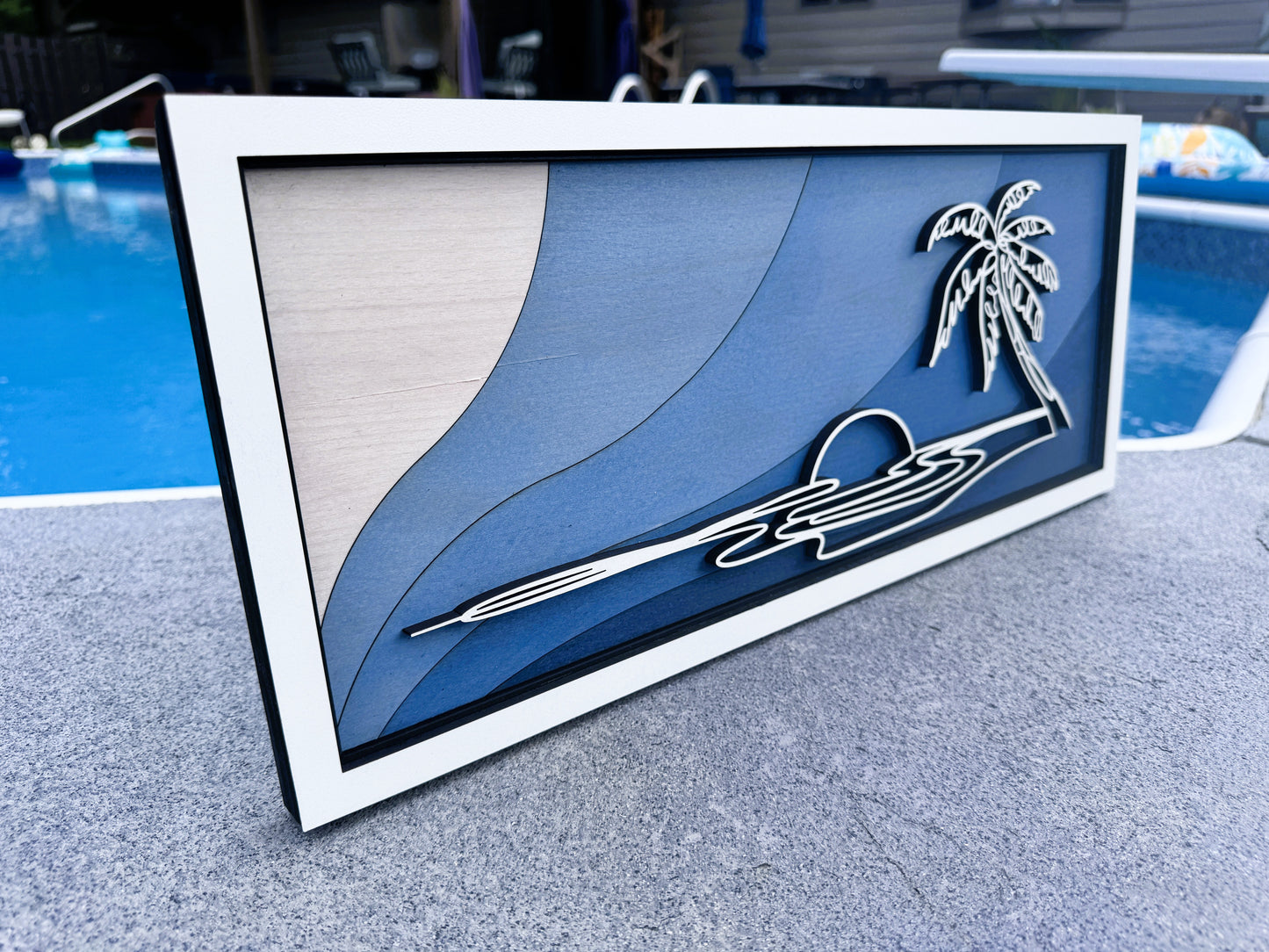 Ocean Wall Art – Layered Blue Wood Palm Tree Beach Decor – 18.5x8 Coastal Sunset Artwork – Tropical Home or Beach House Gift