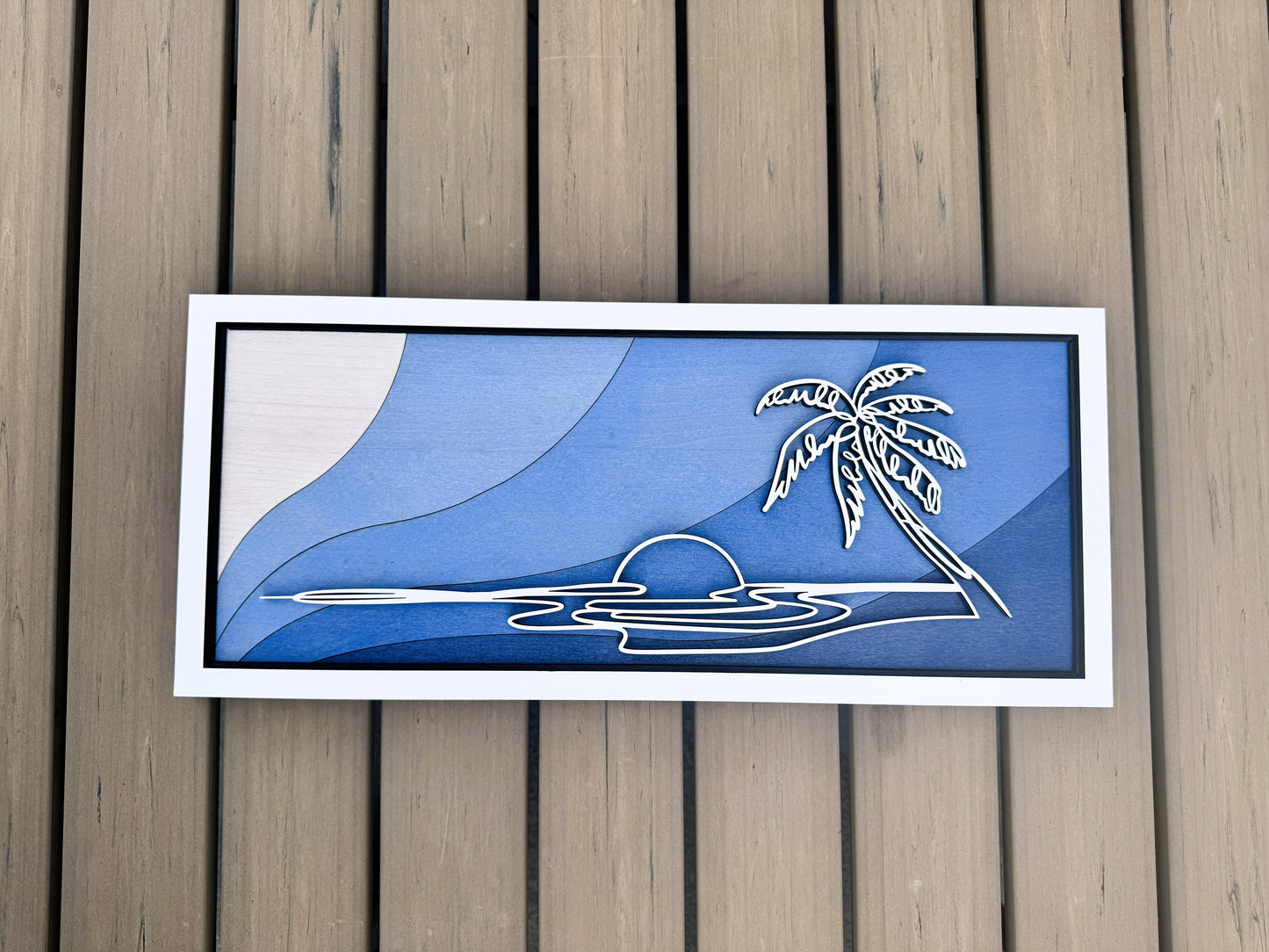 Ocean Wall Art – Layered Blue Wood Palm Tree Beach Decor – 18.5x8 Coastal Sunset Artwork – Tropical Home or Beach House Gift