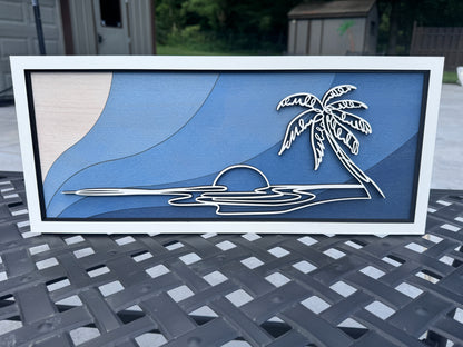 Ocean Wall Art – Layered Blue Wood Palm Tree Beach Decor – 18.5x8 Coastal Sunset Artwork – Tropical Home or Beach House Gift