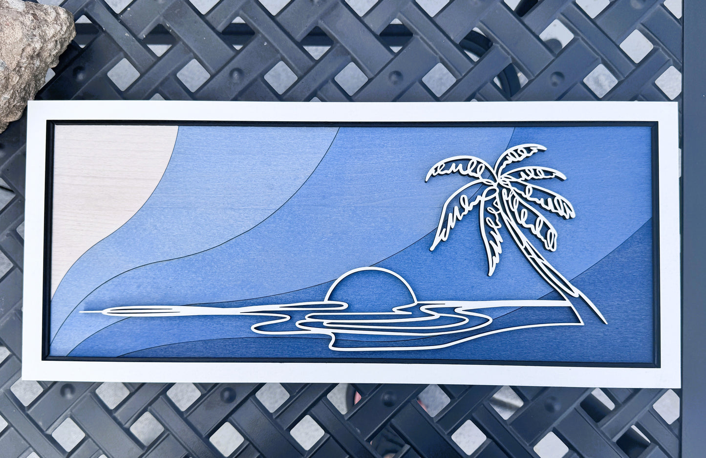 Ocean Wall Art – Layered Blue Wood Palm Tree Beach Decor – 18.5x8 Coastal Sunset Artwork – Tropical Home or Beach House Gift