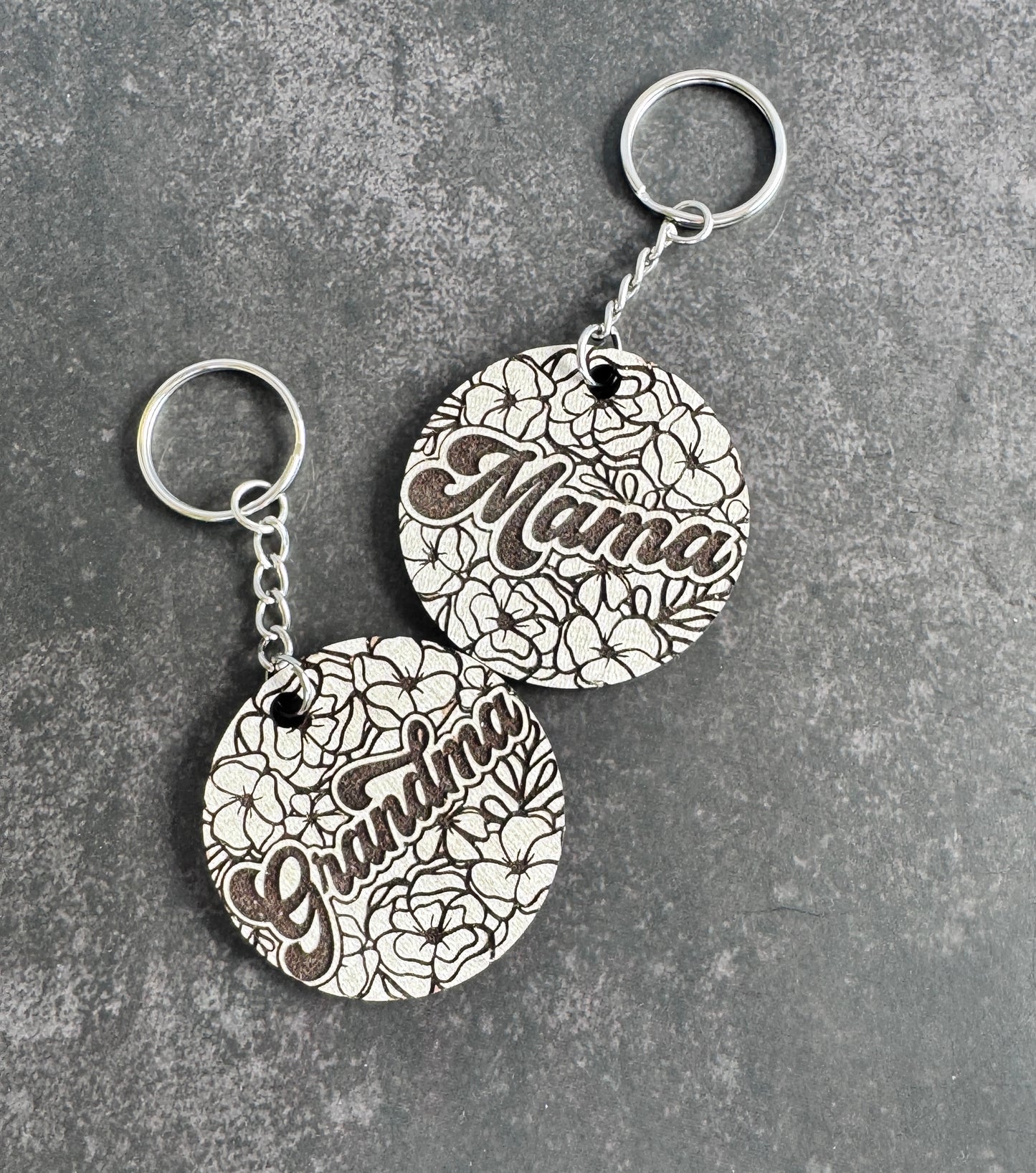 Floral Laser Engraved Keychain – Wood Mama or Grandma Charm
