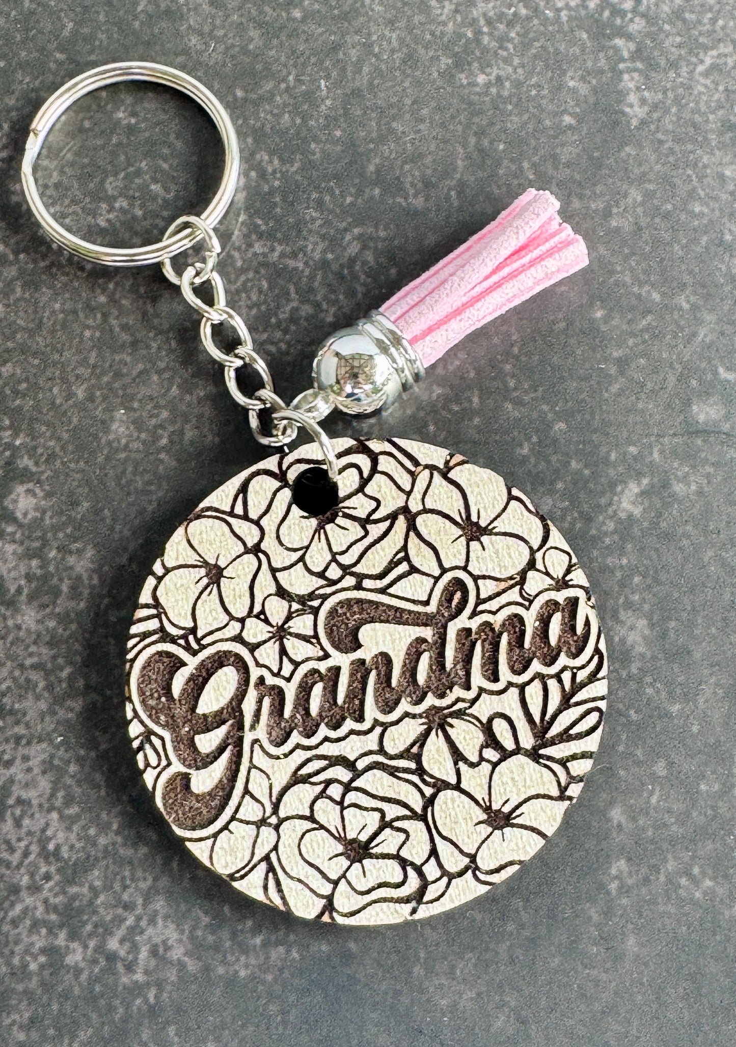 Floral Laser Engraved Keychain – Wood Mama or Grandma Charm