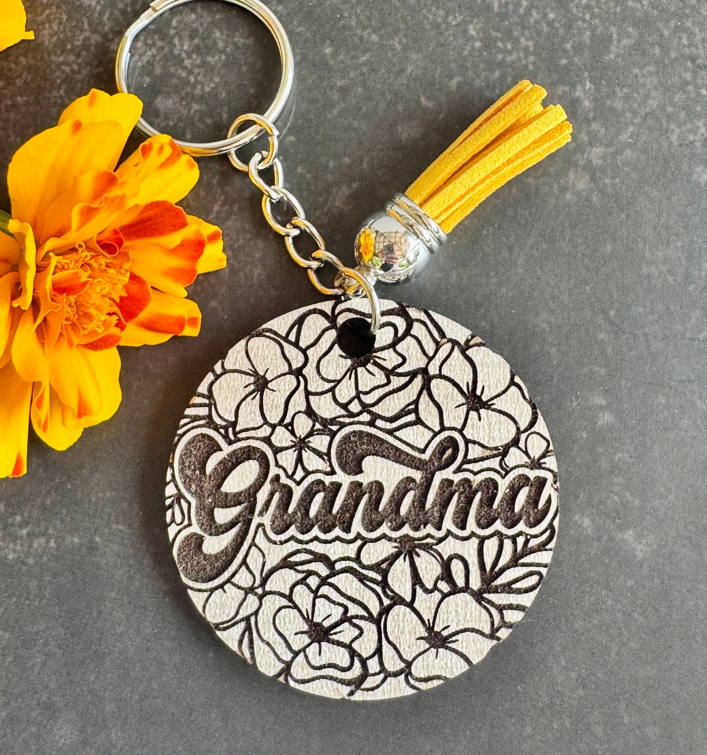 Floral Laser Engraved Keychain – Wood Mama or Grandma Charm