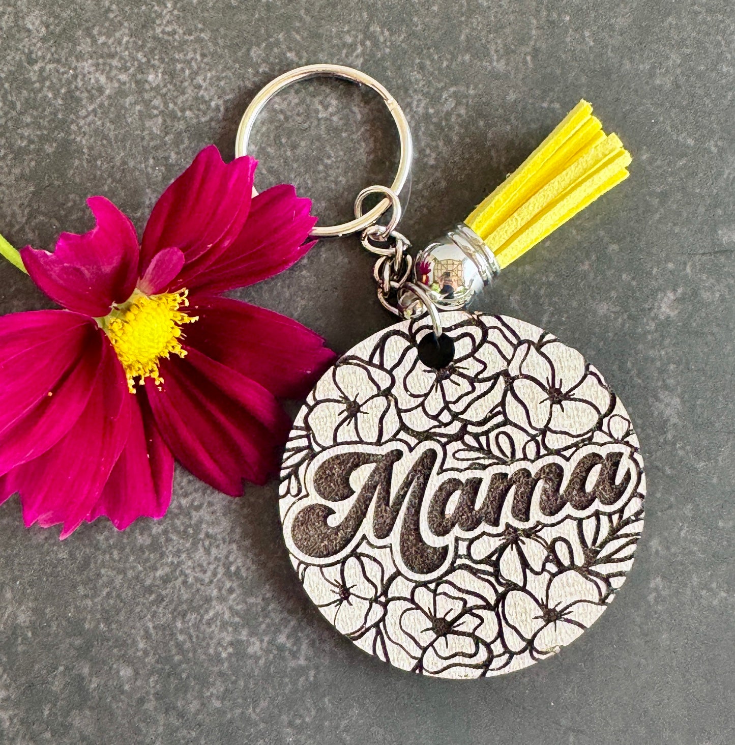 Floral Laser Engraved Keychain – Wood Mama or Grandma Charm