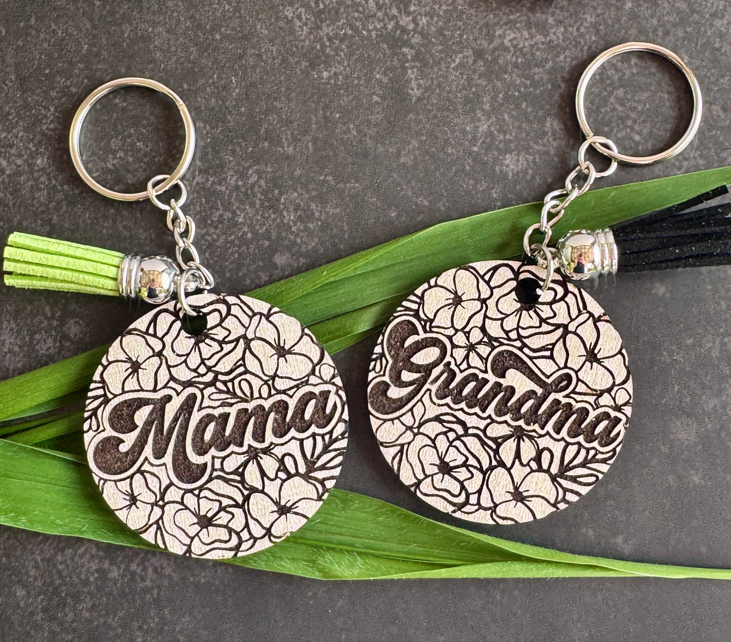 Floral Laser Engraved Keychain – Wood Mama or Grandma Charm