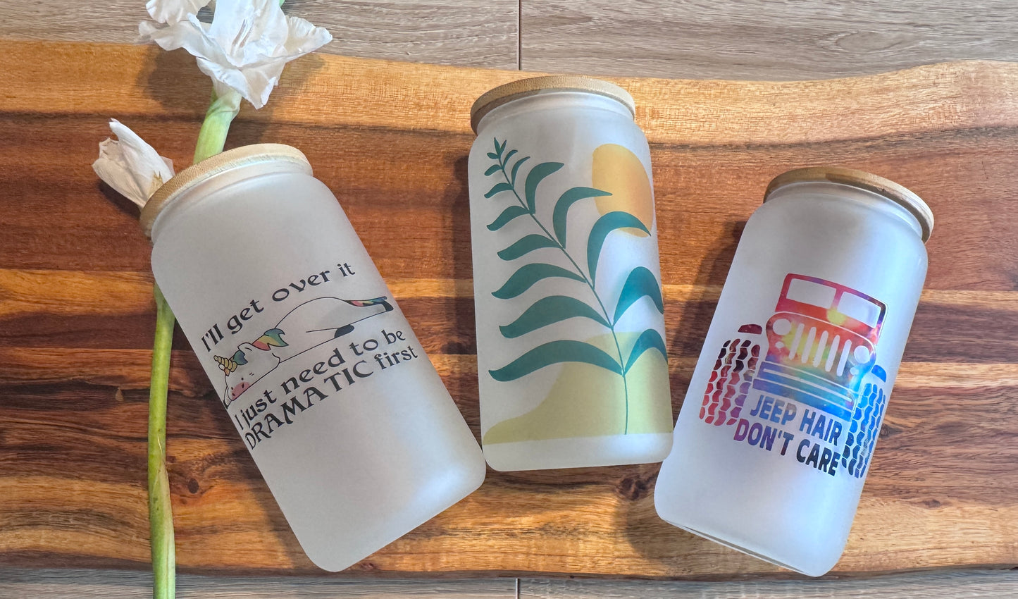 Frosted Glass Mug – Choose from 3 Fun Designs: Sentimental Quote, Jeep Hair Don’t Care, or Dramatic Unicorn