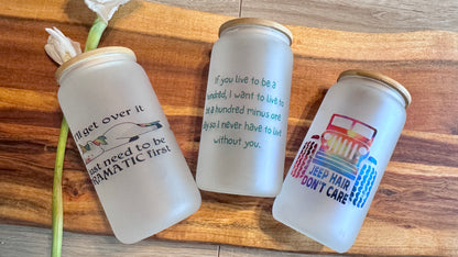 Frosted Glass Mug – Choose from 3 Fun Designs: Sentimental Quote, Jeep Hair Don’t Care, or Dramatic Unicorn