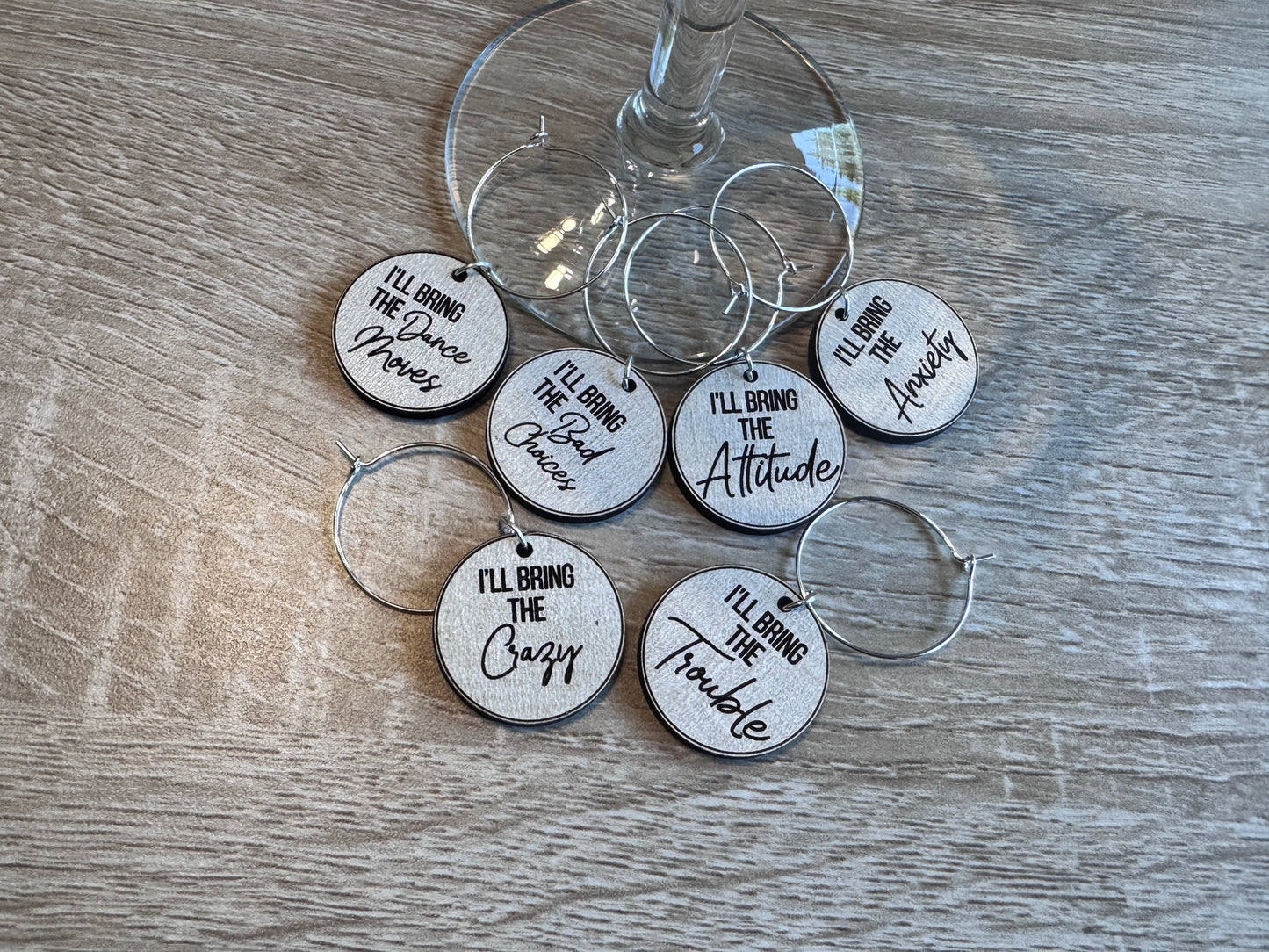"I'll Bring the Chaos" Wine Charms Set | Laser Engraved, Edgy Party Starters