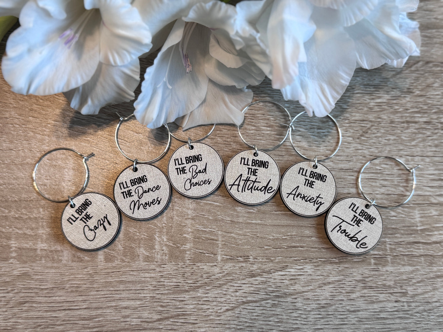 "I'll Bring the Chaos" Wine Charms Set | Laser Engraved, Edgy Party Starters