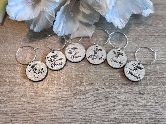 "I'll Bring the Chaos" Wine Charms Set | Laser Engraved, Edgy Party Starters